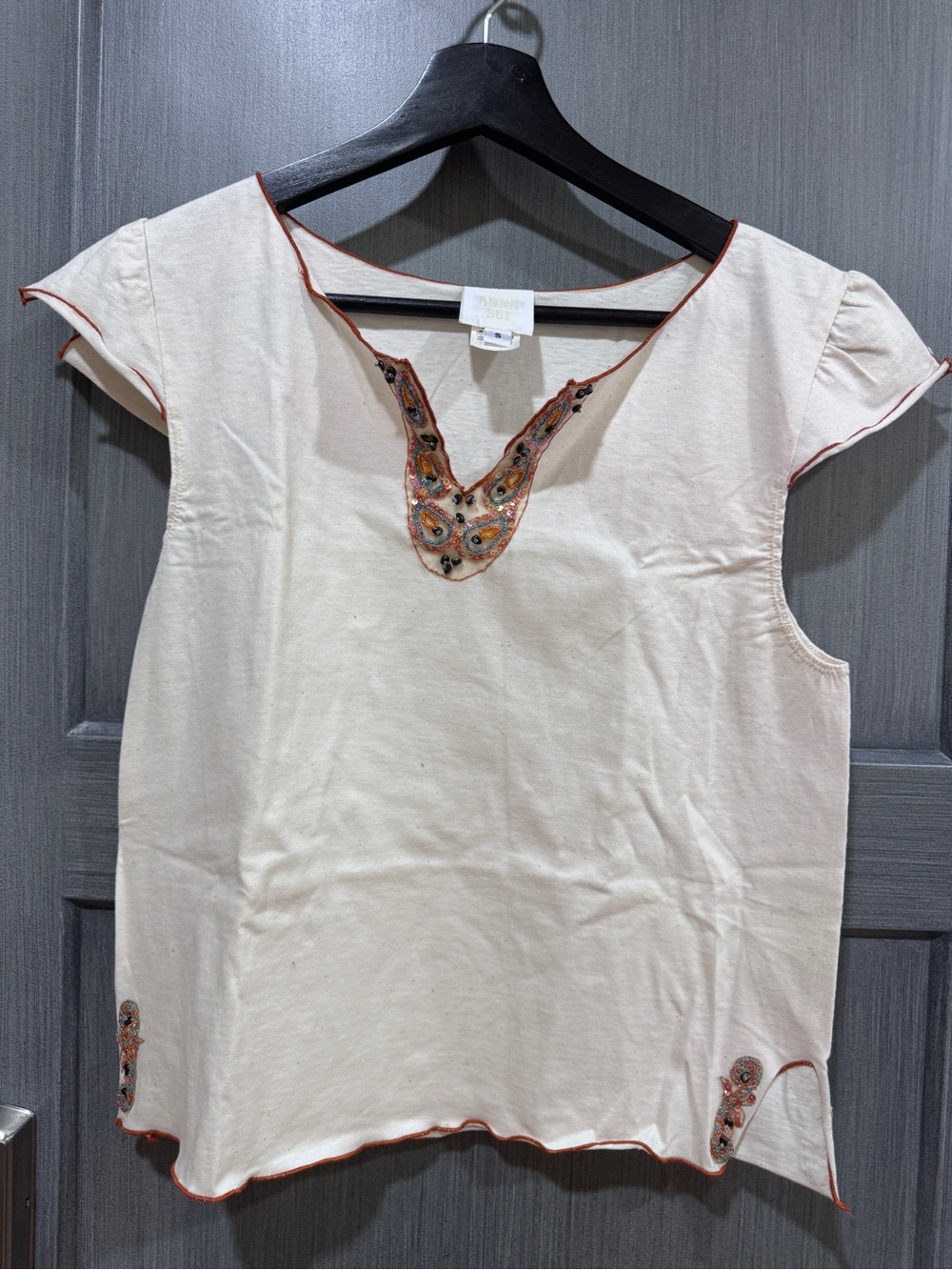 Anna Sui Cream Short Sleeve Embroidered Women's Top